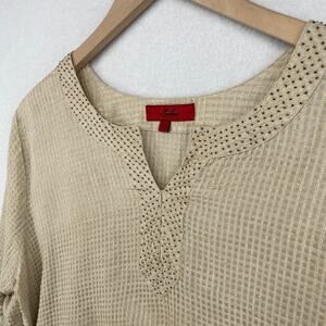 ZUBA Tunic Womens XL Silk Kurta Check Textured Beaded 3/4 Sleeve Beige